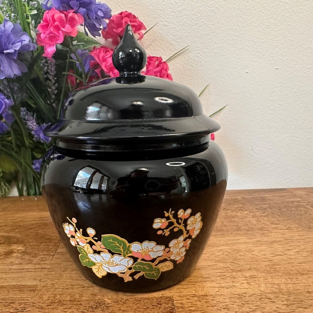 Vintage Avon Black Glass Jar Floral Design Lidded Apothecary Canister Vanity